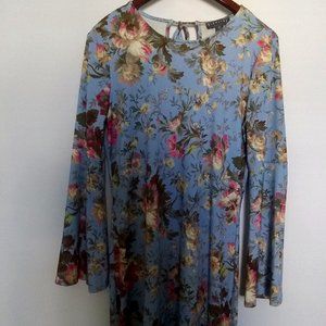 NWOT Long Bell Sleeves Blue Floral Knee Length Sheath Loose Tassel Small Dress